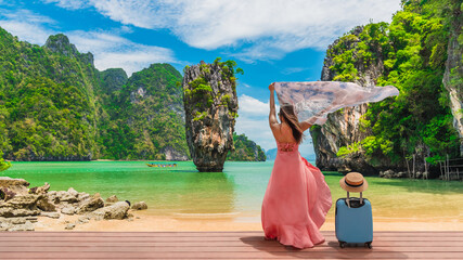 Traveler woman joy amazed nature scenic landscape James Bond island Phang-Nga bay, Famous landmark tourist travel Phuket Thailand summer holiday vacation trip, Tourism beautiful destination place Asia - obrazy, fototapety, plakaty