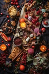 Obraz na płótnie Canvas holiday-themed flat lay with decorations and seasonal treats, created with generative ai