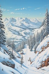 Fototapeta na wymiar snow-covered mountain landscape with ski tracks, created with generative ai