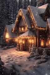 cozy winter scene with snow-covered trees and holiday lights, created with generative ai