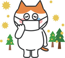 Orange tabby cartoon cat has hay fever, vector illustration.