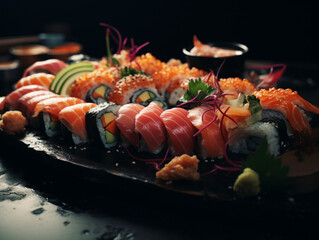 Savor the Sea: Showcase of Sushi Varieties with Wasabi and Pickled Ginger