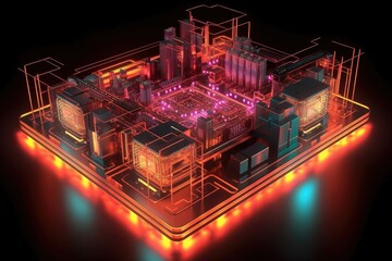 3d render of glowing neon circuit board design, created with generative ai