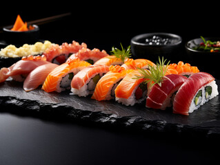 Nippon Delights: Vibrant Display of Sushi Rolls and Nigiri on Black Platter