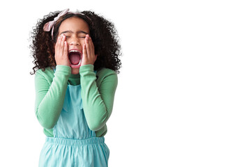 Girl, surprise and secret with kid, scream and news isolated against a transparent background....