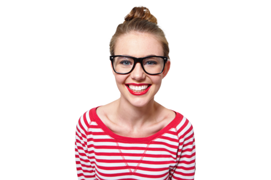 College, glasses and study with portrait of woman on png for nerd, education and youth. Happy, fashion and style with face of student isolated on transparent background for hipster confidence