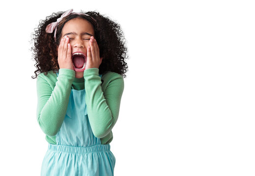 Girl, surprise and secret with kid, scream and news isolated against a transparent background. Female child, toddler or model with png, shocked or yelling with facial expression, frustrated and emoji