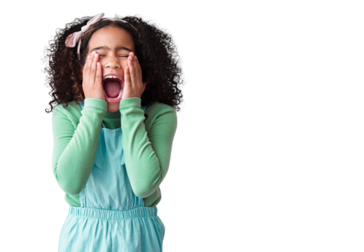 Girl, surprise and secret with kid, scream and news isolated against a transparent background. Female child, toddler or model with png, shocked or yelling with facial expression, frustrated and emoji