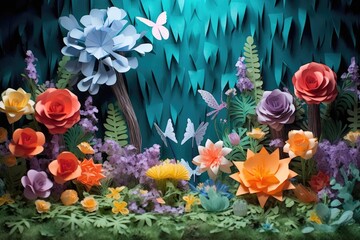 creative origami paper flower garden scene, created with generative ai