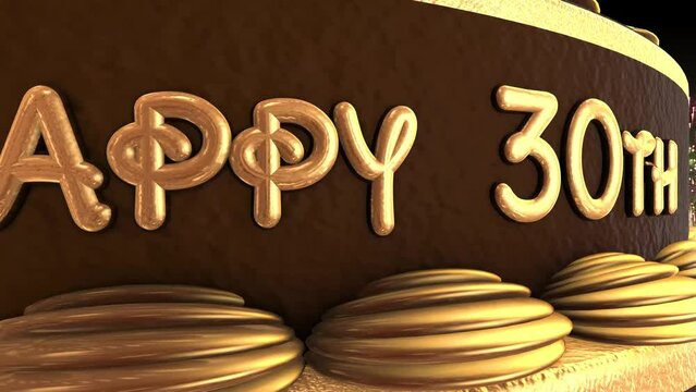 30th birthday cake animation 3d render in chocolate gold with confetti and balloon background. 4k
