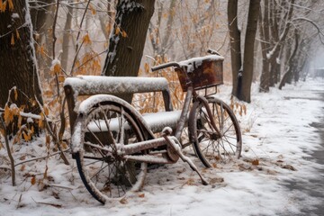 Fototapeta na wymiar abandoned bicycle by a snow-blanketed bench in the park, created with generative ai