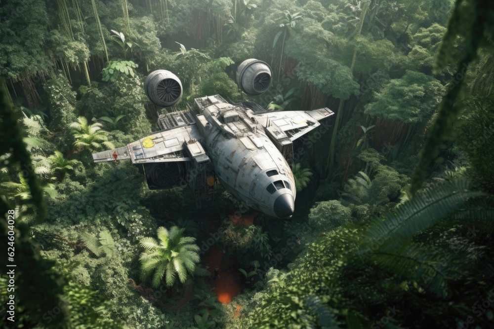 Wall mural aerial view of a dilapidated spacecraft in a jungle clearing, created with generative ai