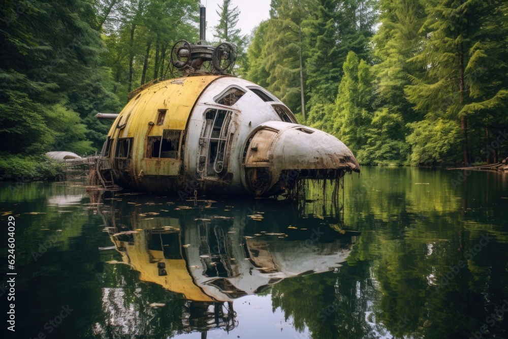 Wall mural abandoned spaceship half-submerged in lake, created with generative ai