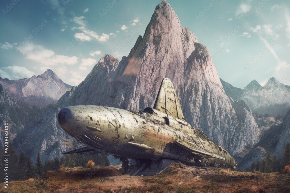 Poster crumbling spacecraft with a dramatic mountain backdrop, created with generative ai