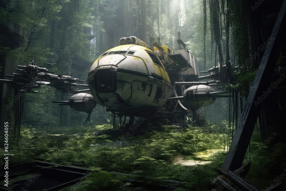 Sticker abandoned spacecraft in a dense forest, created with generative ai