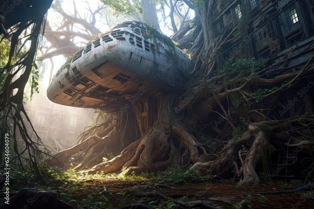 Canvas Prints sunlit abandoned spaceship entangled in tree roots, created with generative ai