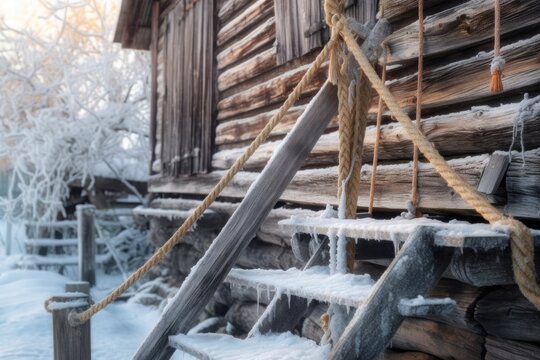 close-up of frosty wooden planks and rope ladder, created with generative ai