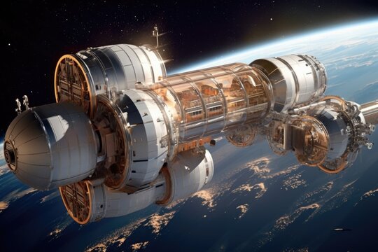 space hotel with recreational facilities in orbit, created with generative ai