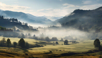 Dramatic foggy landscape in the mountains in the early morning. Autumn and spring atmosphere. 