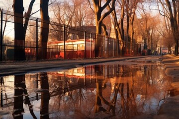 puddle reflections of damaged park structures, created with generative ai