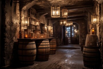 Fototapeta na wymiar aged whiskey barrels in a cobblestone cellar with vintage lanterns, created with generative ai