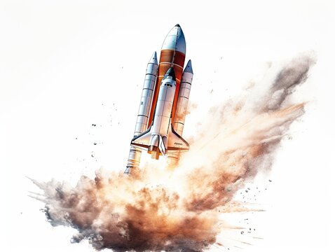 Dynamic Illustration of rocket launch with flames, in the style of semi-realistic pencil and aquarelle isolated on white background. T-shirt pattern concept, blank empty copy space. Generative AI