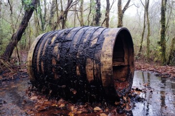 Fototapeta premium rainwater collected in the hollow of a worn barrel, created with generative ai