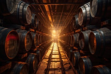 perspective shot of barrels lined up in a cellar, created with generative ai