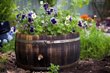 wooden barrel repurposed as a flower planter, created with generative ai