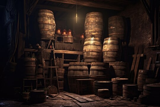 stack of old barrels in a dimly lit cellar, created with generative ai