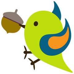 Colorful bird holding walnut in the mouth illustration icon clipart cartoon