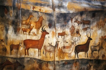 close-up of a colorful cave painting depicting animals, created with generative ai