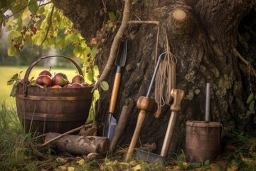 apple picking tools resting beside a tree trunk, created with generative ai