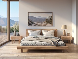 3D render of neutral beige bedroom with wall art mockup. Generative AI