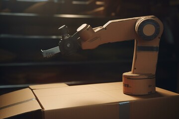 Robotic arm for automated cardboard boxing. Generative AI