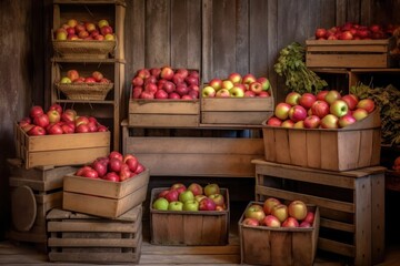 Fototapeta na wymiar variety of apples displayed in rustic wooden crates, created with generative ai