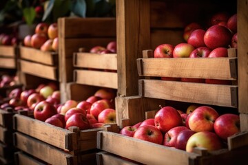 close-up of ripe apples in wooden crates, created with generative ai
