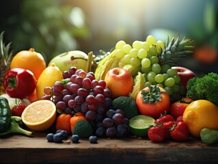Flat lay of fresh juicy organic mixed fruits and vegetables. Still life colorful assorted fruits and vegetables. Generative AI.