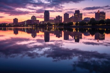 Fototapeta premium city skyline reflection on calm river during twilight hours, created with generative ai