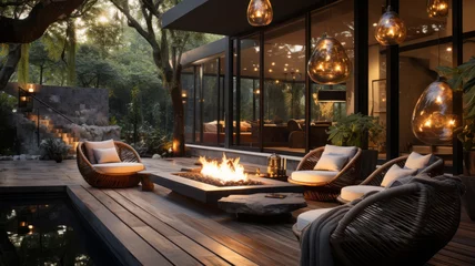 Crédence de cuisine en verre imprimé Feu An image of a beautiful outdoor seating area, with several luxurious chairs arranged around a fire pit. AI Generated