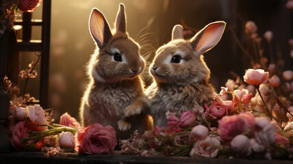 Two bunny kiss in flowers.. AI Generated