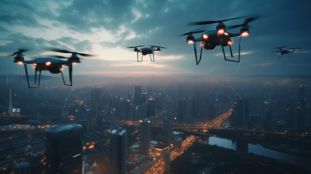 drones flying above the city