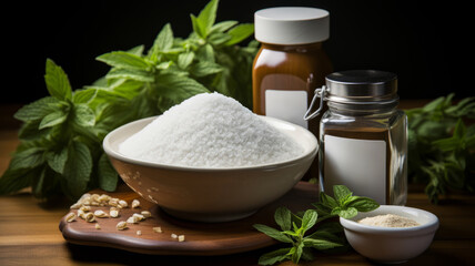 stevia sugar in the wooden bowl, with fresh stevia leaves. AI Generated - obrazy, fototapety, plakaty