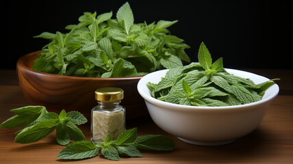 stevia sugar in the wooden bowl, with fresh stevia leaves. AI Generated
