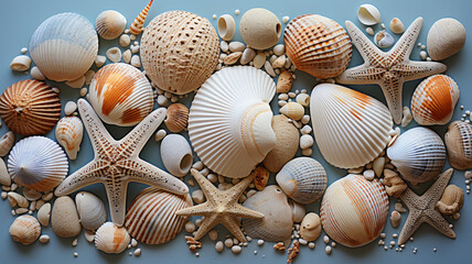 beach finds: small seashells, fossil coral and sand dollars, puka shells, a sea urchin and a white starfish. AI Generated