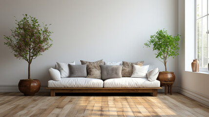 casual sofa in front of a single white empty wall, oiled wooden floor. AI Generated