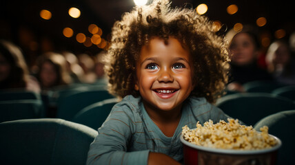 Child girl eating popcorn in a movie theater, sitting and eating popcorn. AI Generated
