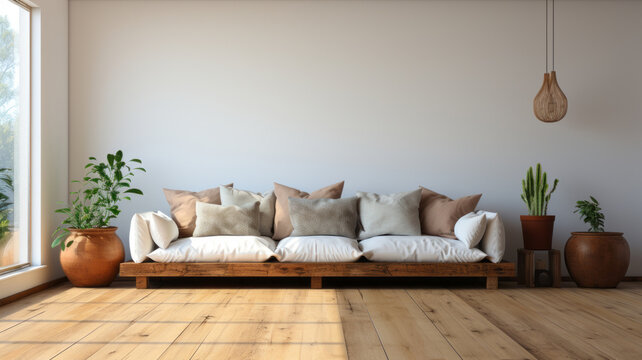casual sofa in front of a single white empty wall, oiled wooden floor. AI Generated