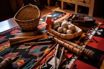 traditional navajo weaving tools on a table, created with generative ai - obrazy, fototapety, plakaty