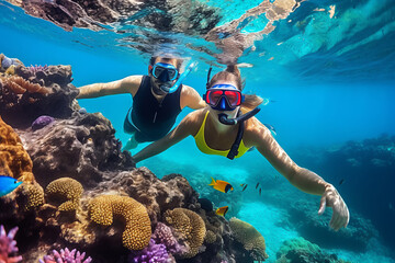 happy couple snorkeling in a wonderful coral reef. AI Generated - obrazy, fototapety, plakaty